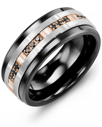 Men's & Women's Black Ceramic & White/Rose Gold + 12 Black Diamonds 0.12ct Wedding Band