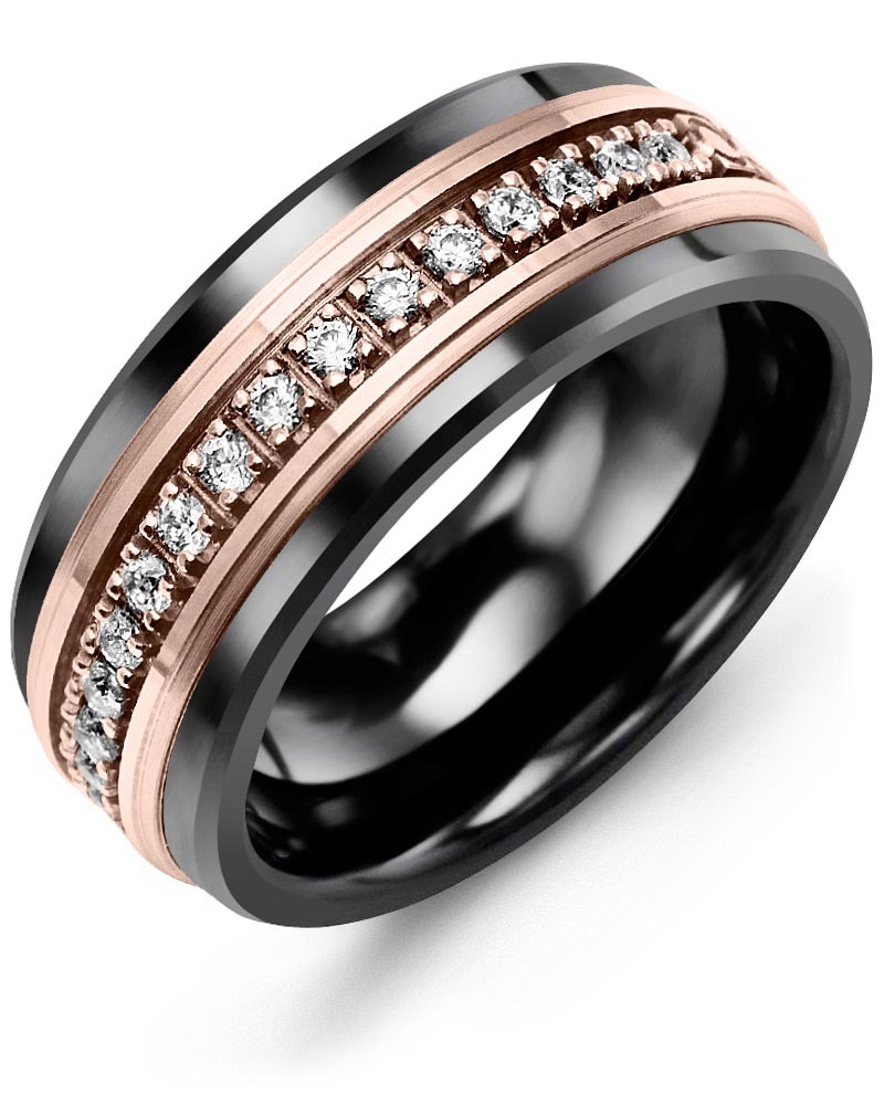 Men's & Women's Black Ceramic & Rose Gold + 17 Diamonds 0.34ct Wedding Band