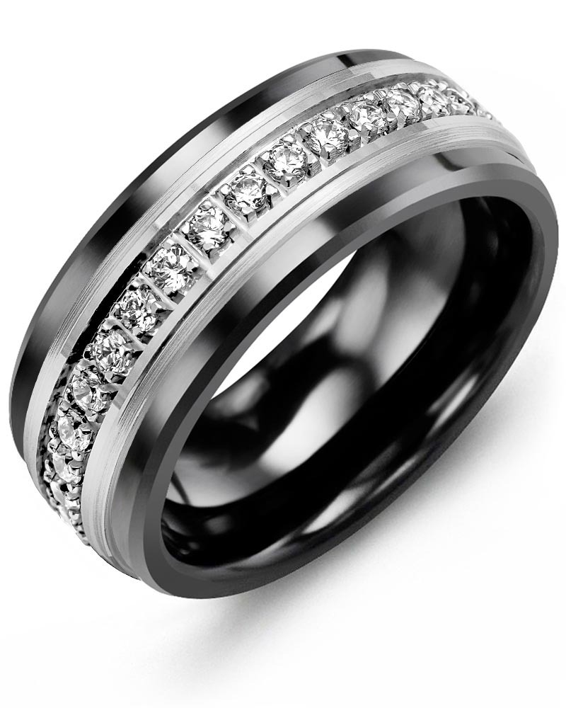 Men's & Women's Black Ceramic & White Gold + 17 Diamonds 0.51ct Wedding Band
