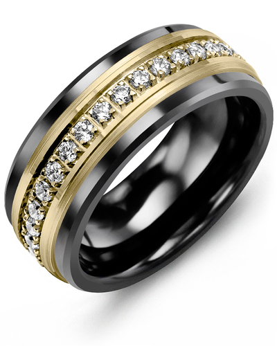 Men's & Women's Black Ceramic & Yellow Gold + 17 Diamonds 0.51ct Wedding Band