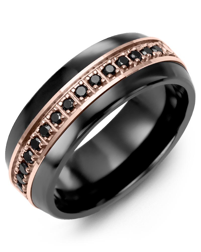 Men's & Women's Black Ceramic Half Round & Rose Gold + 17 Black Diamonds 0.34ct Wedding Band
