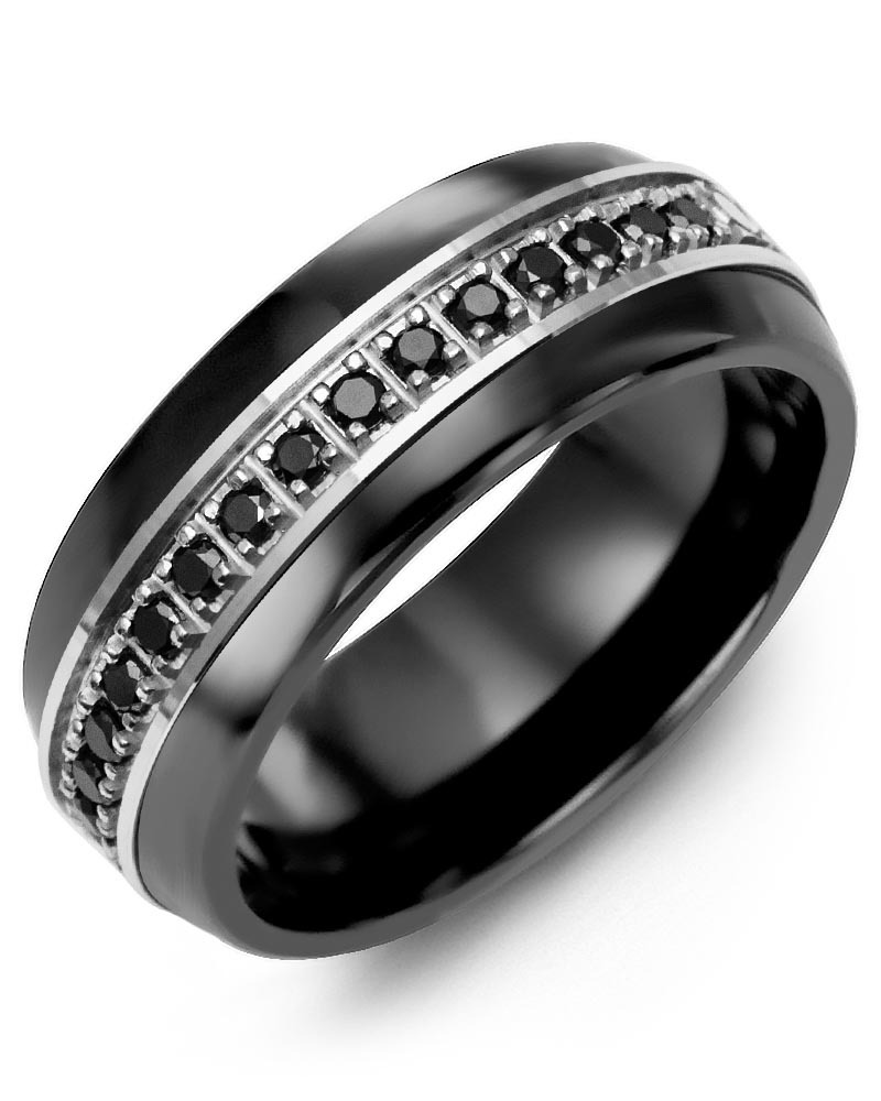 Men's & Women's Black Ceramic Half Round & White Gold + 17 Black Diamonds 0.34ct Wedding Band