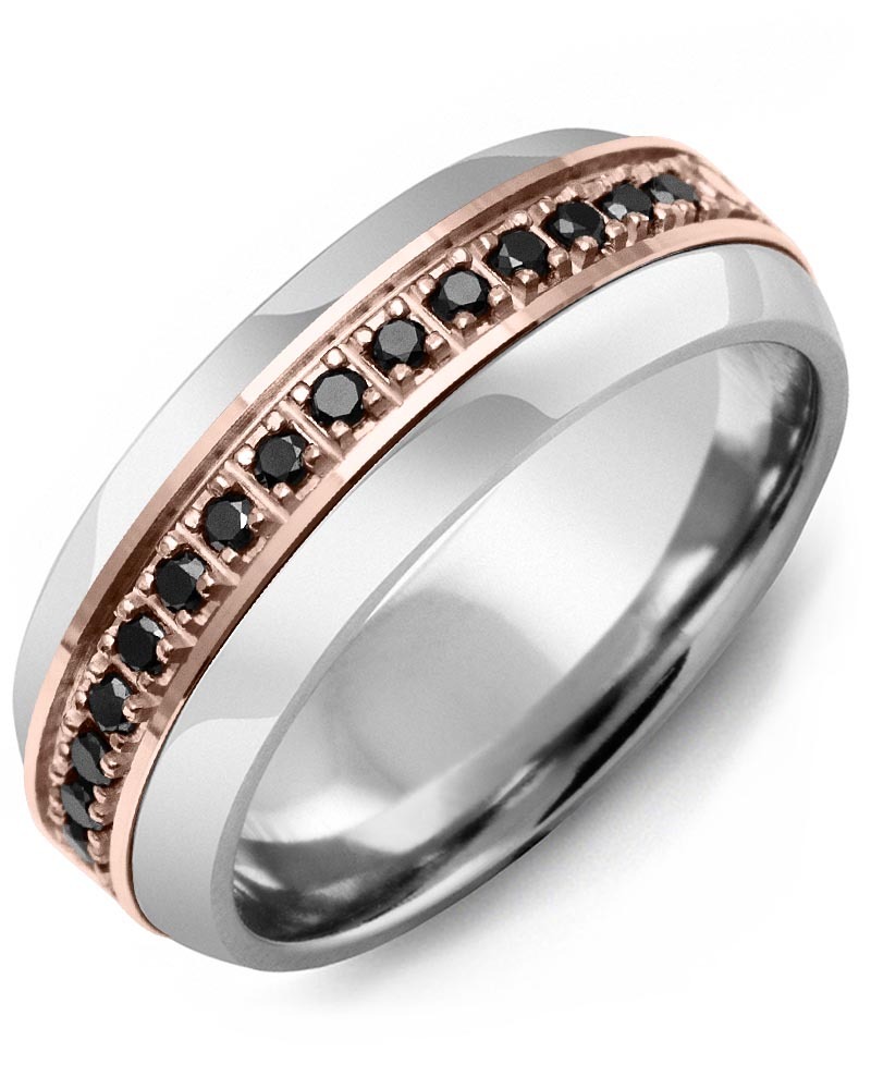 Men's & Women's Tungsten Half Round & Rose Gold + 17 Black Diamonds 0.34ct Wedding Band