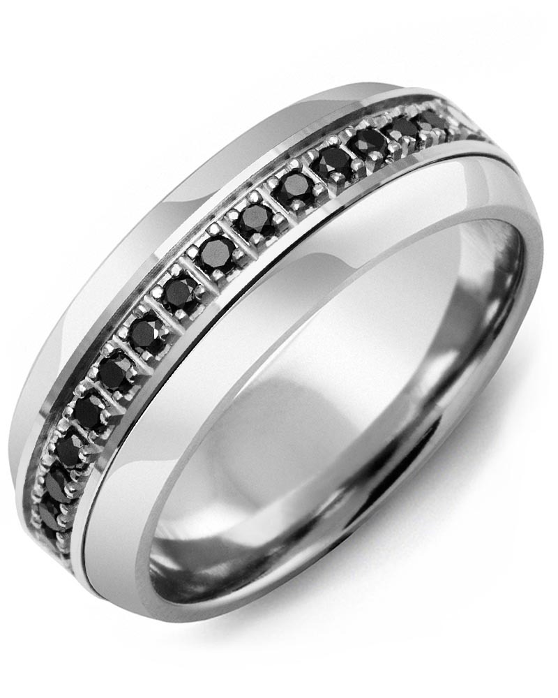 Men's & Women's Tungsten Half Round & White Gold + 17 Black Diamonds 0.34ct Wedding Band