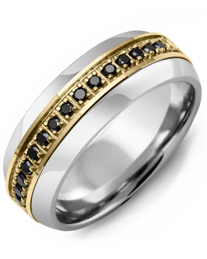 Men's & Women's Tungsten Half Round & Yellow Gold + 17 Black Diamonds 0.34ct Wedding Band