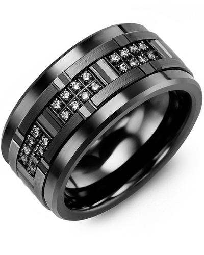Men's All Black Wide Grooved Diamond Wedding Ring