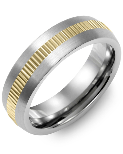Men's Dome Eternity Diamond Cut Wedding Ring in Brush Tungsten & Yellow Gold