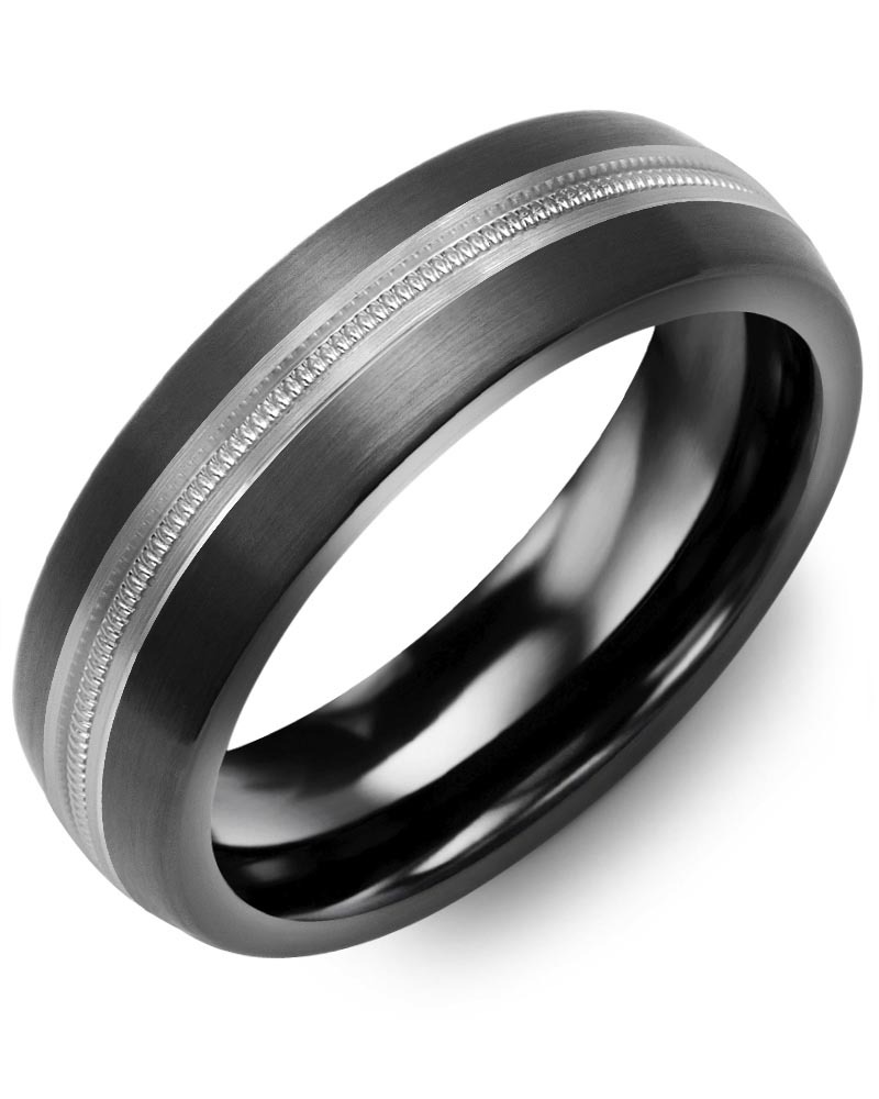 Men's & Women's Brush Black Ceramic & White Gold Wedding Band