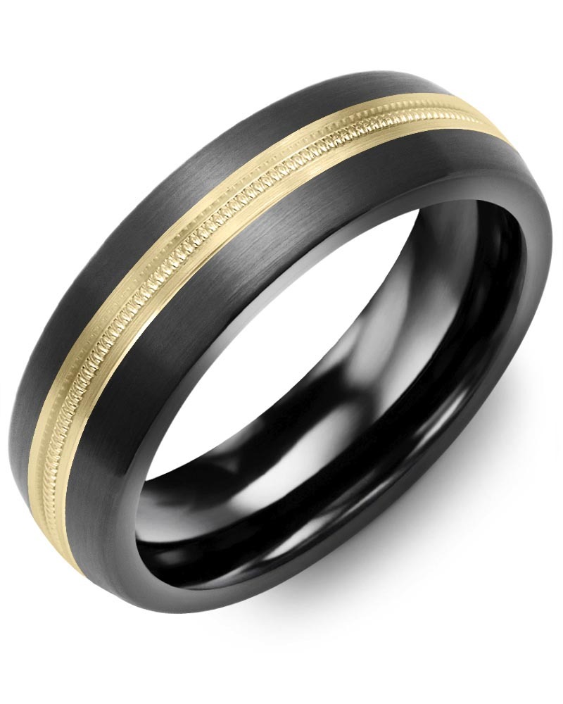 Men's & Women's Brush Black Ceramic & Yellow Gold Wedding Band