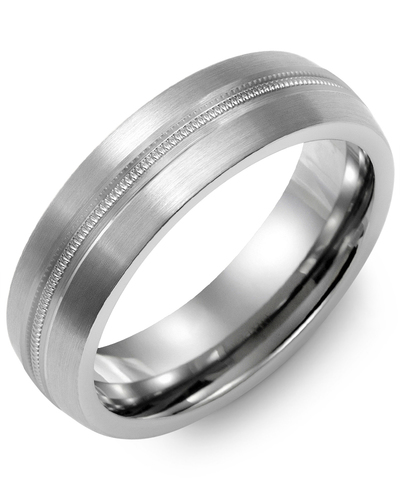 Men's Dome Milgrain Pattern Wedding Ring in Brush Tungsten & White Gold