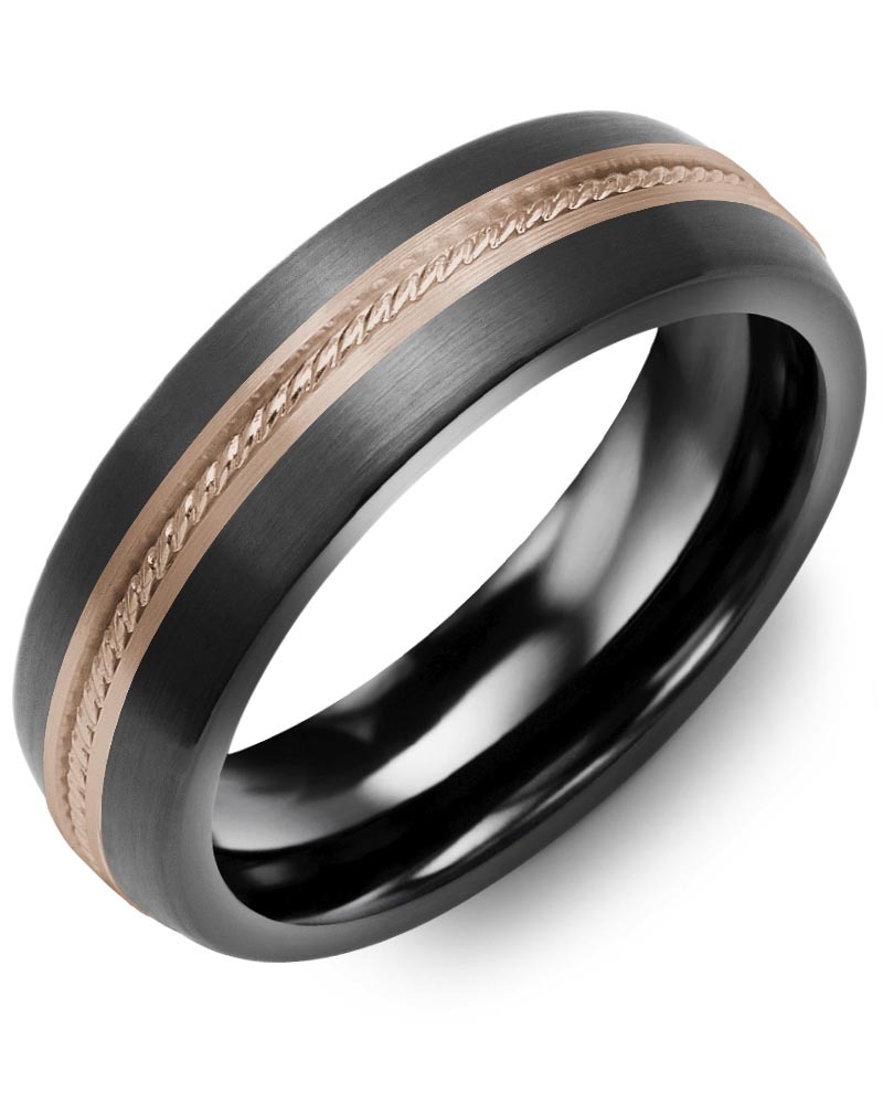 Men's & Women's Brush Black Ceramic & Rose Gold Wedding Band