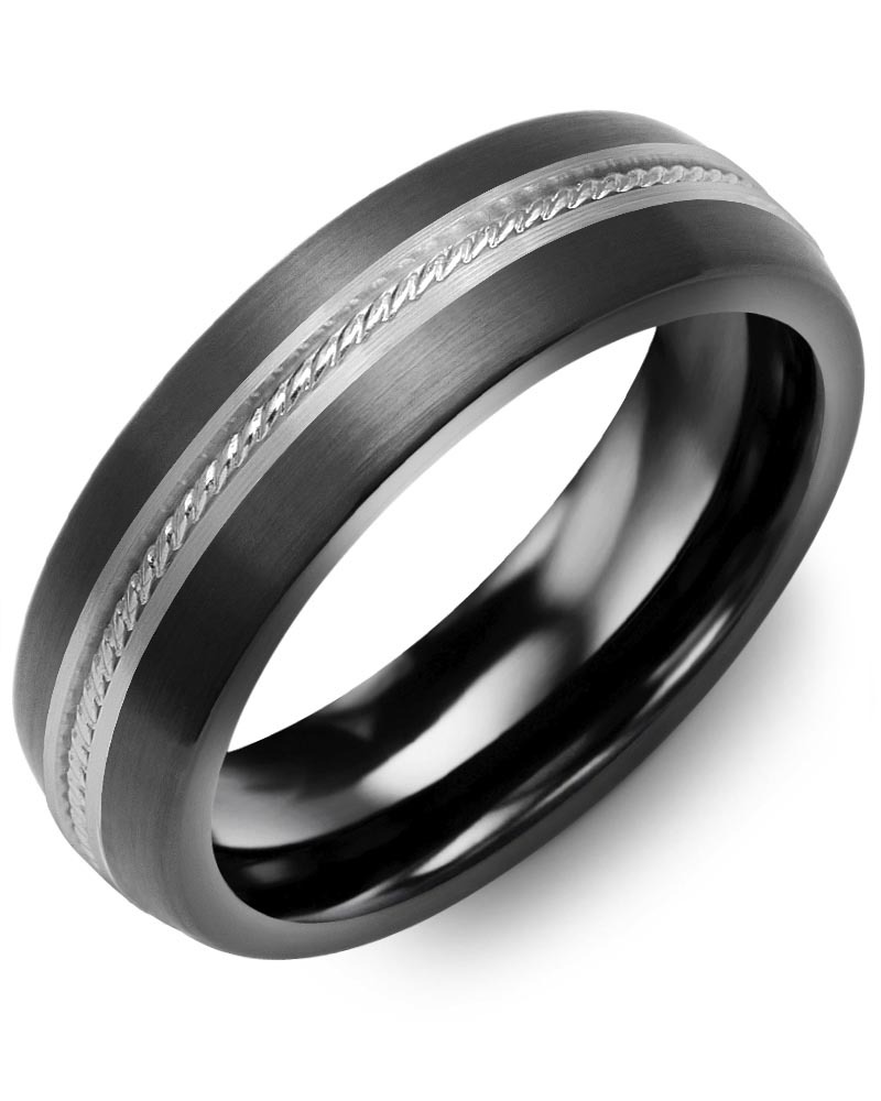 Men's & Women's Brush Black Ceramic & White Gold Wedding Band