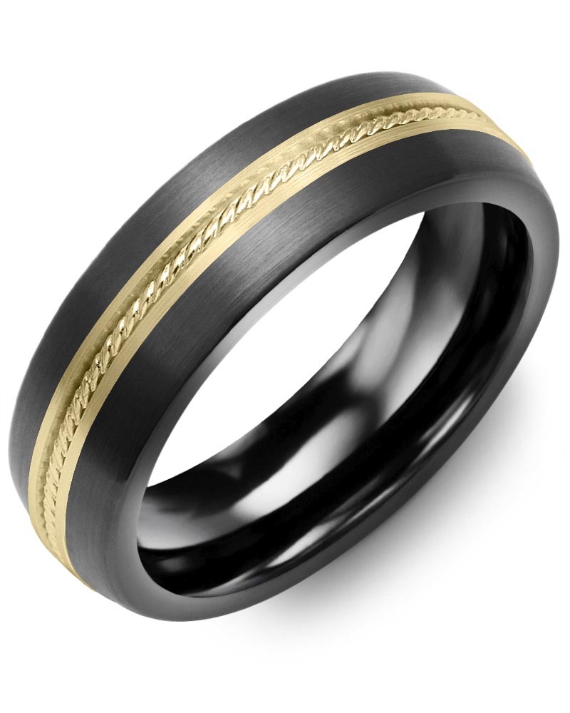 Men's & Women's Brush Black Ceramic & Yellow Gold Wedding Band