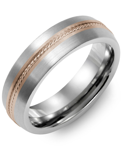 Men's Dome Rope Pattern Wedding Ring in Brush Tungsten & Rose Gold