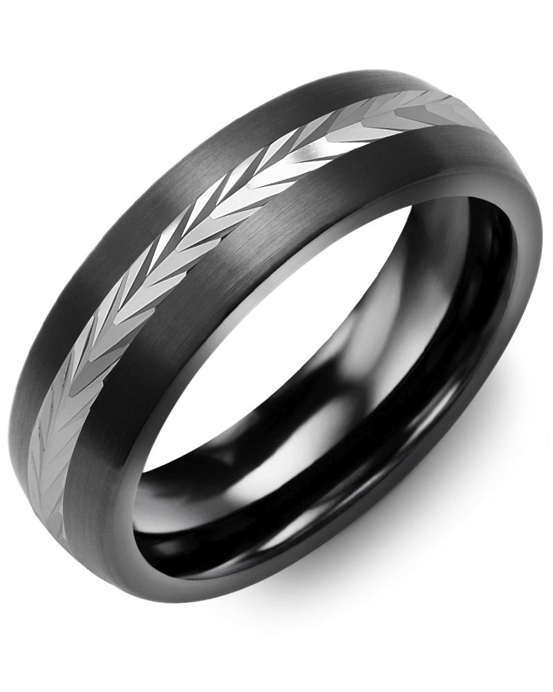 Men's & Women's Brush Black Ceramic & White Gold Wedding Band
