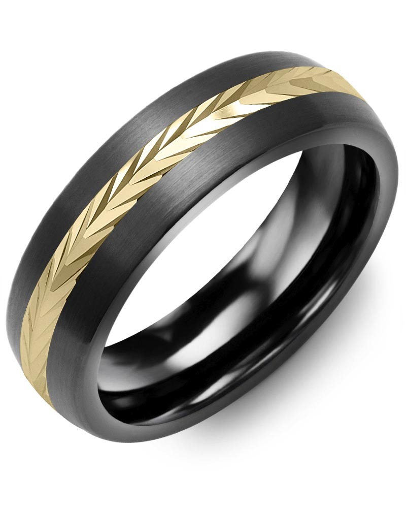 Men's & Women's Brush Black Ceramic & Yellow Gold Wedding Band from MADANI Rings. Wedding bands, fashion rings, promise rings, made of Tungsten, Ceramic, Cobalt, and Gold. View the collection at madanirings.com