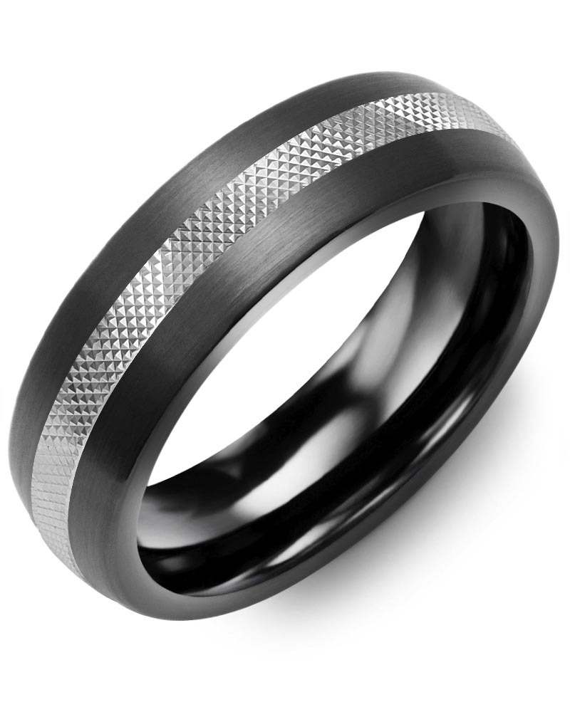 Men's & Women's Brush Black Ceramic & White Gold Wedding Band