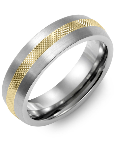 Men's Dome Classic Diamond Cut Pattern Wedding Ring in Brush Tungsten & Yellow Gold