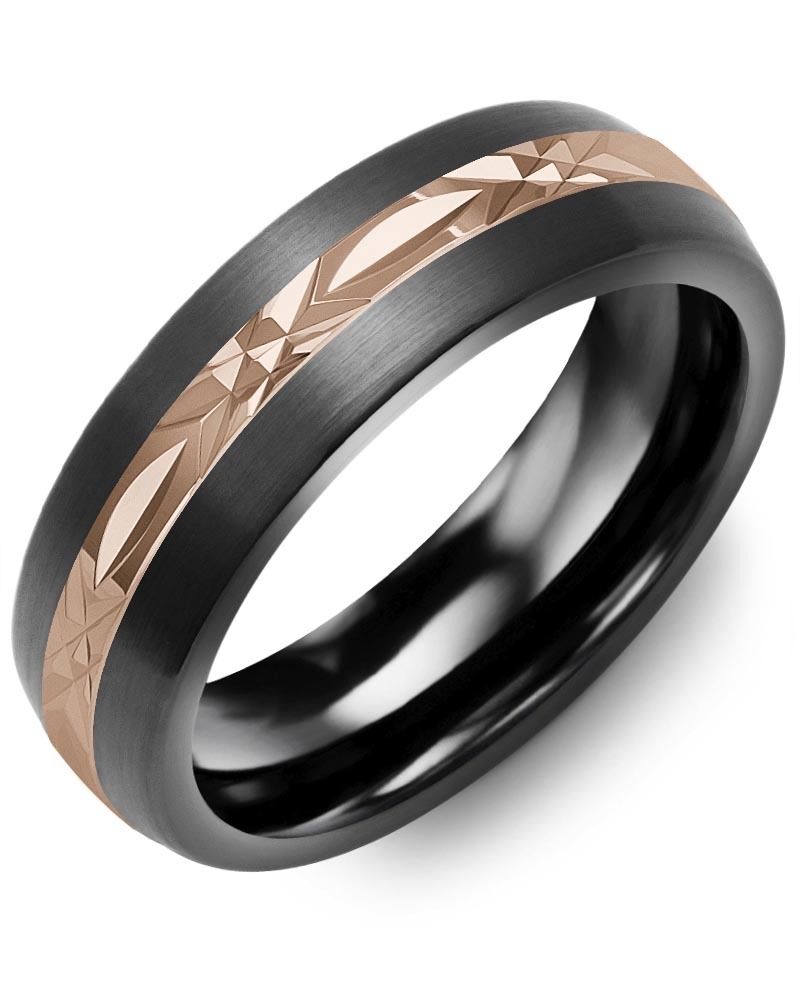 Men's & Women's Brush Black Ceramic & Rose Gold Wedding Band from MADANI Rings. Wedding bands, fashion rings, promise rings, made of Tungsten, Ceramic, Cobalt, and Gold. View the collection at madanirings.com