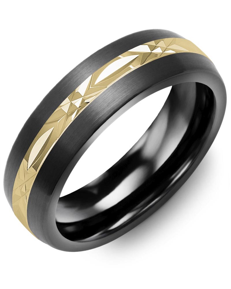 Men's & Women's Brush Black Ceramic & Yellow Gold Wedding Band