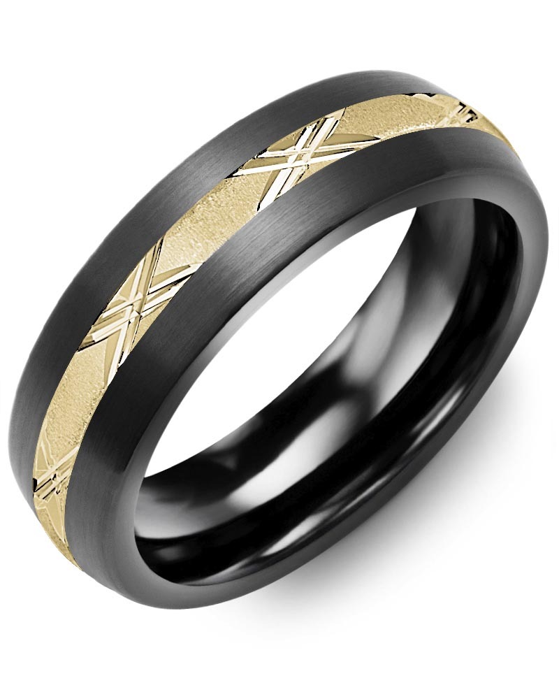 Men's & Women's Brush Black Ceramic & Yellow Gold Wedding Band