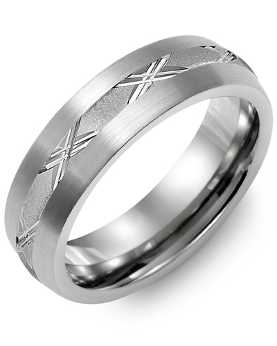Men's Dome Brush X Pattern Wedding Ring in Brush Tungsten & White Gold