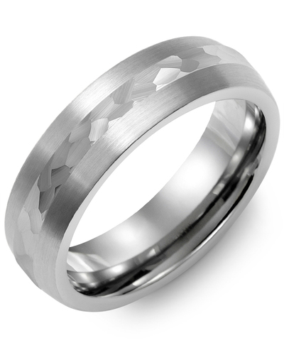 Men's Dome Matte Hammer Cut Wedding Ring in Brush Tungsten & White Gold
