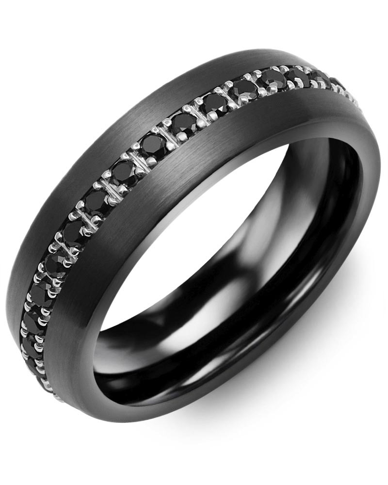 Men's & Women's Brush Black Ceramic & White Gold + 37 Black Diamonds 0.74ct Wedding Band