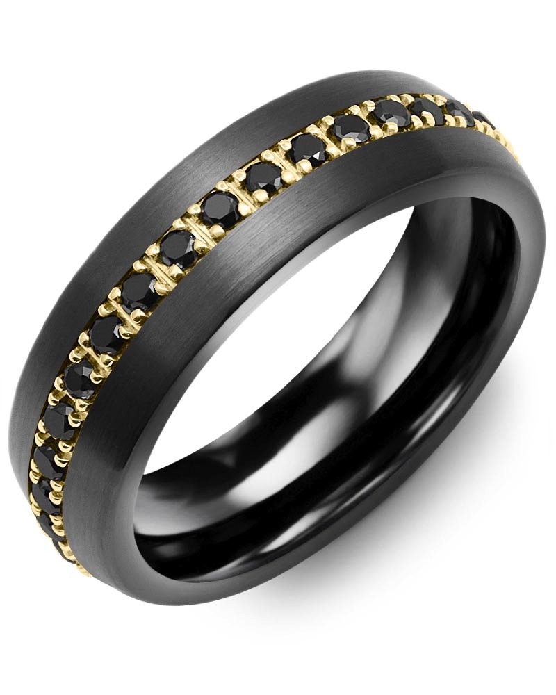 Men's & Women's Brush Black Ceramic & Yellow Gold + 37 Black Diamonds 0.74ct Wedding Band from MADANI Rings. Wedding bands, fashion rings, promise rings, made of Tungsten, Ceramic, Cobalt, and Gold. View the collection at madanirings.com