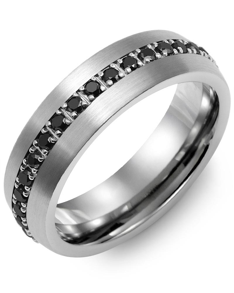 Men's & Women's Brush Tungsten & White Gold + 37 Black Diamonds 0.74ct Wedding Band
