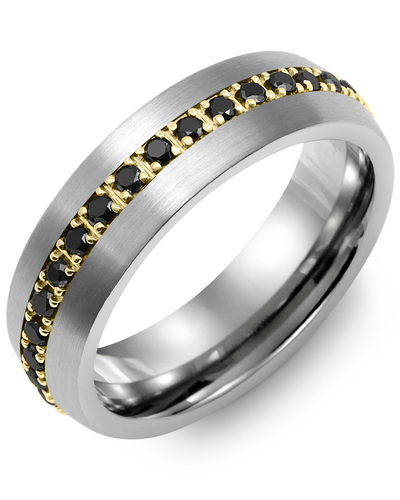 Men's & Women's Brush Tungsten & Yellow Gold + 37 Black Diamonds 0.74ct Wedding Band