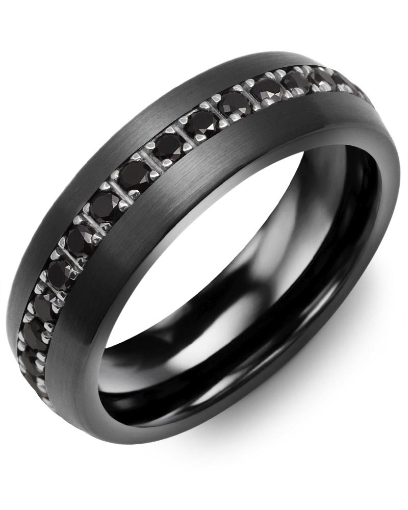 Men's & Women's Brush Black Ceramic & White Gold + 35 Black Diamonds 1.05ct Wedding Band