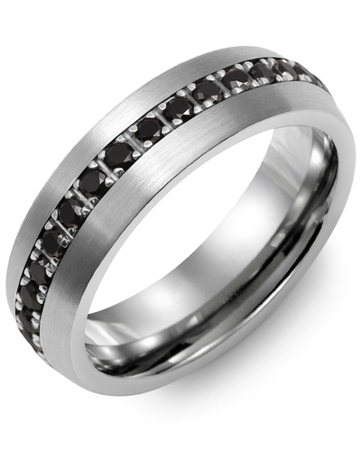 Men's Dome Eternity Large Black Diamond Wedding Ring in Brush Tungsten & White Gold