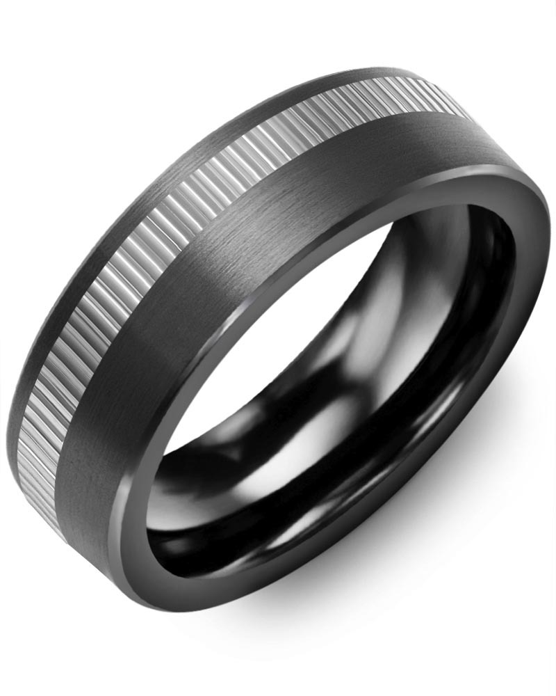 Men's & Women's Brush Black Ceramic & White Gold Wedding Band