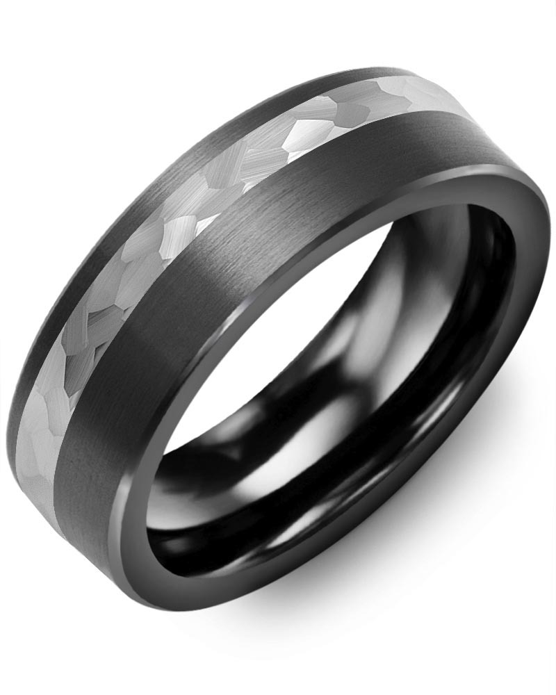 Men's & Women's Brush Black Ceramic & White Gold Wedding Band