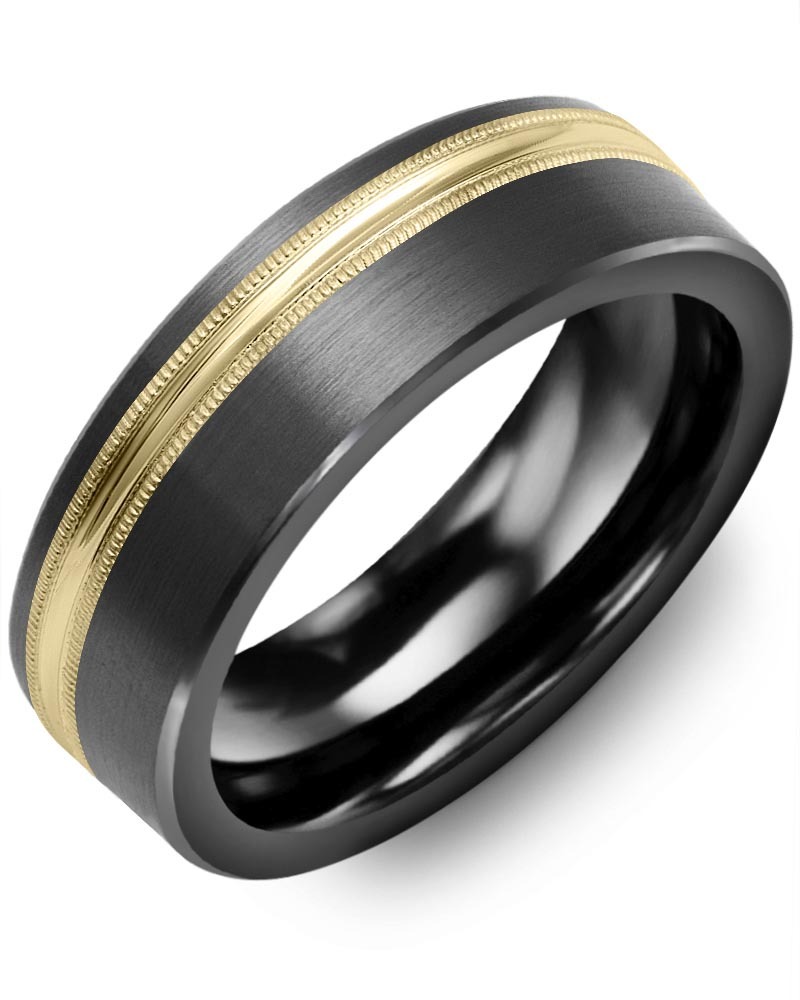 Men's & Women's Brush Black Ceramic & Yellow Gold Wedding Band