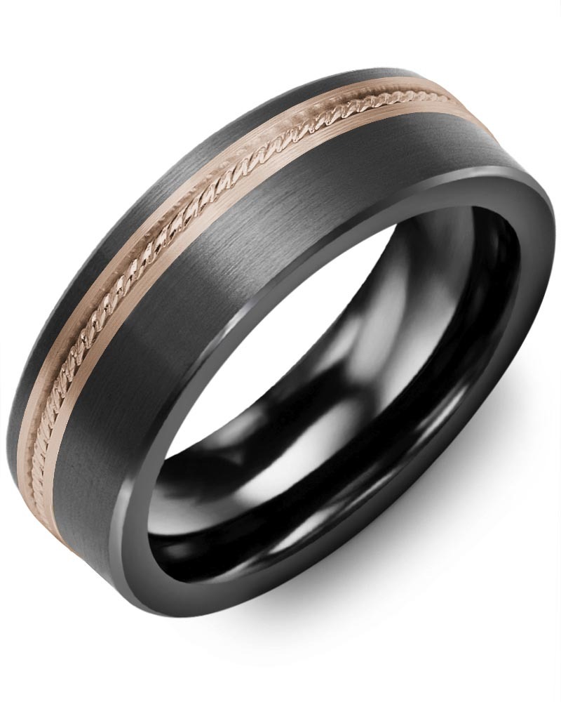 Men's & Women's Brush Black Ceramic & Rose Gold Wedding Band