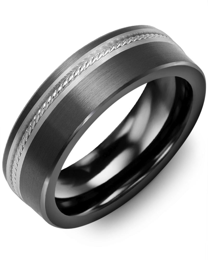 Men's & Women's Brush Black Ceramic & White Gold Wedding Band