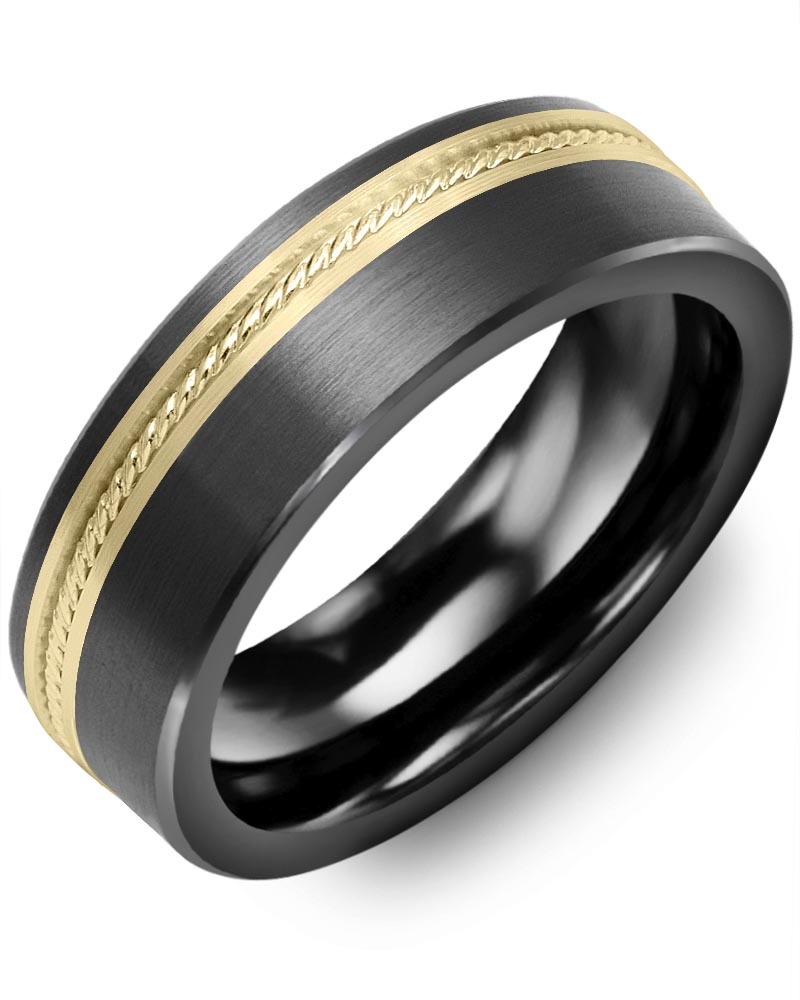 Men's & Women's Brush Black Ceramic & Yellow Gold Wedding Band