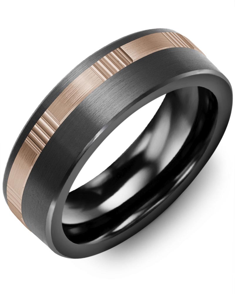 Men's & Women's Brush Black Ceramic & Rose Gold Wedding Band
