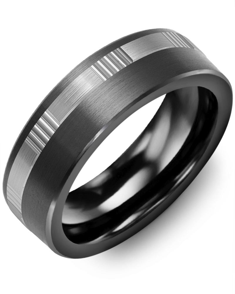 Men's & Women's Brush Black Ceramic & White Gold Wedding Band