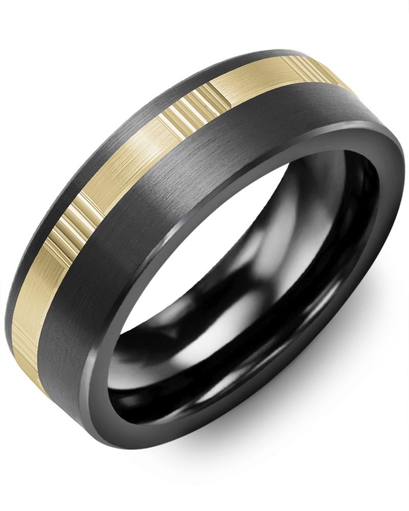 Men's & Women's Brush Black Ceramic & Yellow Gold Wedding Band
