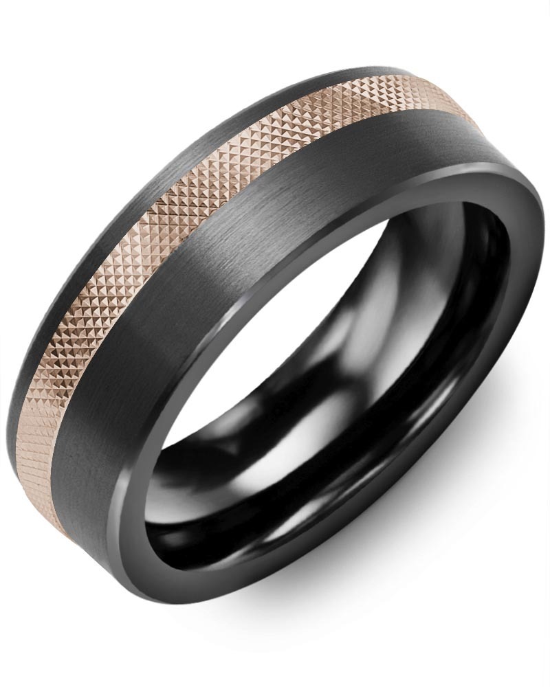 Men's & Women's Brush Black Ceramic & Rose Gold Wedding Band
