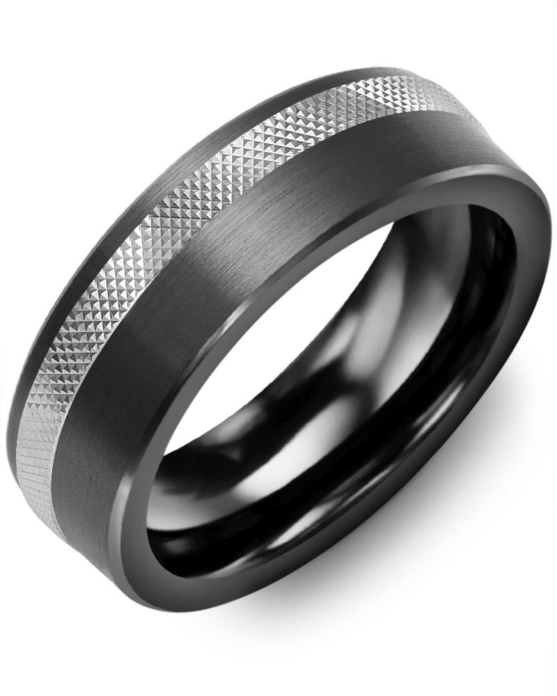 Men's & Women's Brush Black Ceramic & White Gold Wedding Band