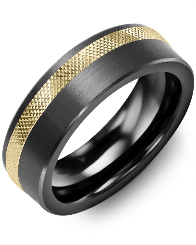 Men's & Women's Brush Black Ceramic & Yellow Gold Wedding Band