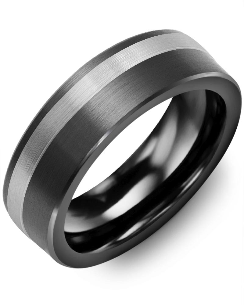 Men's & Women's Brush Black Ceramic & White Gold Wedding Band