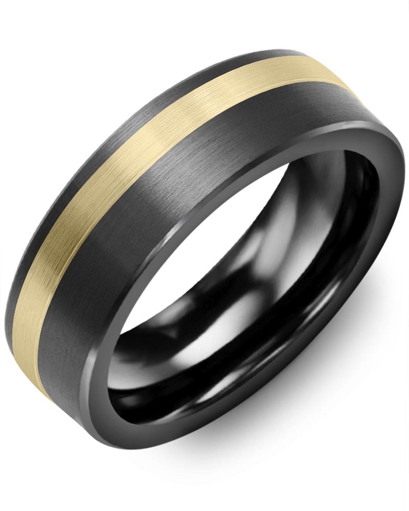 Men's & Women's Brush Black Ceramic & Yellow Gold Wedding Band