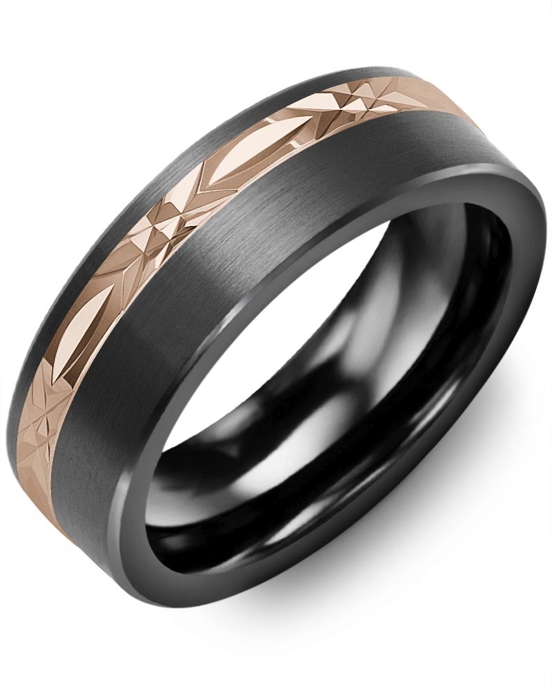 Men's & Women's Brush Black Ceramic & Rose Gold Wedding Band