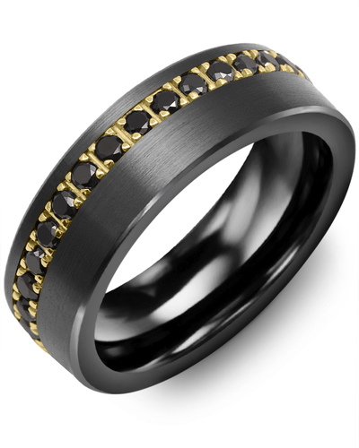 Men's & Women's Brush Black Ceramic & Yellow Gold + 35 Black Diamonds 1.05ct Wedding Band