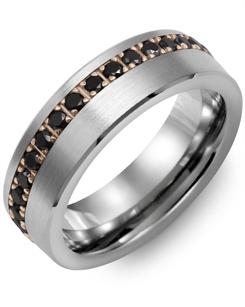 Men's & Women's Brush Tungsten & Rose Gold + 35 Black Diamonds 1.05ct Wedding Band